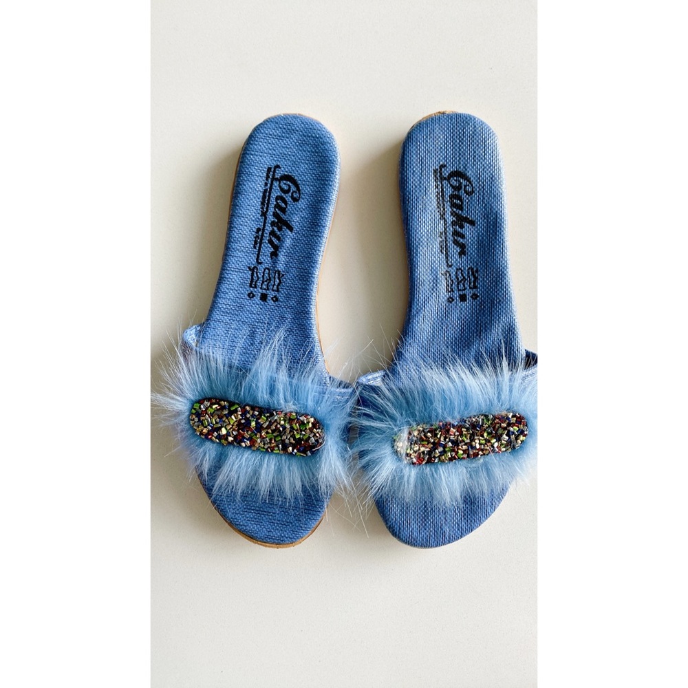 Fluffy blue slipper shoes with beaded details